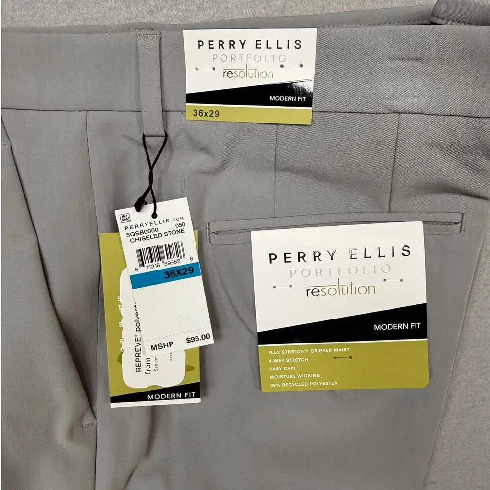 Perry Ellis Portfolio Men's Modern-Fit Stretch Pants Chiseled Stone 36x29 $95